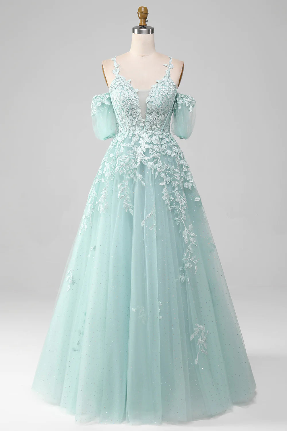 Mint A Line Tulle Off the Shoulder Lace Up Long Prom Dress With Appliques