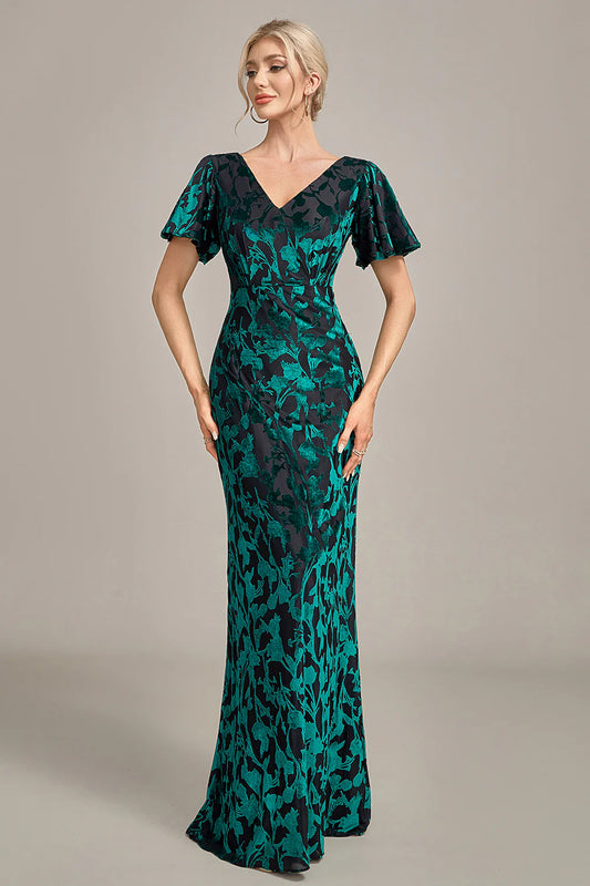 Velvet Peacock V-Neck Long Dress Mother of the Bride Dress