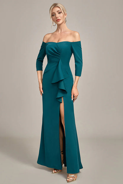 Dark Green Mermaid Off The Shoulder Cascading Ruffled Mother Of The Bride Dress