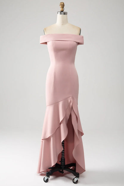 Mermaid Asymmetrical Ruffled Pink Long Dress Mother of the Bride Dress