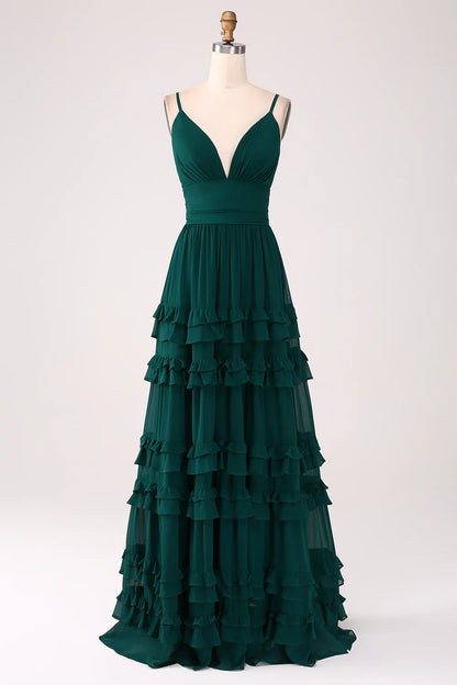 Spaghetti Straps Tiered V-Neck Floor-length Prom Dress with Pleated