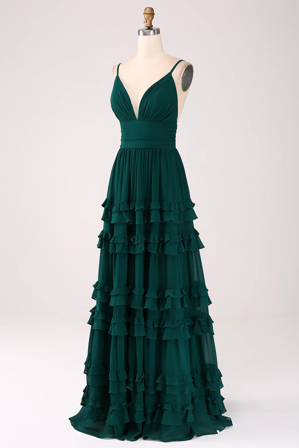 Spaghetti Straps Tiered V-Neck Floor-length Prom Dress with Pleated