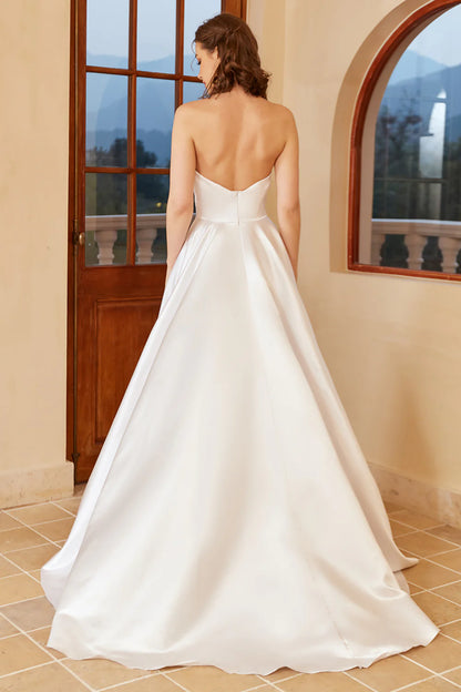 White Satin Sweetheart Strapless Wedding Dress with Slit