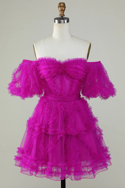 Cute A Line Off the Shoulder Pink Tulle Homecoming Dress Party Dress