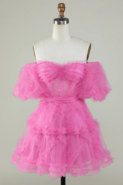 Cute A Line Off the Shoulder Pink Tulle Homecoming Dress Party Dress