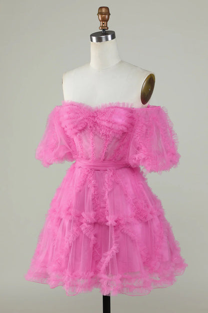 Cute A Line Off the Shoulder Pink Tulle Homecoming Dress Party Dress