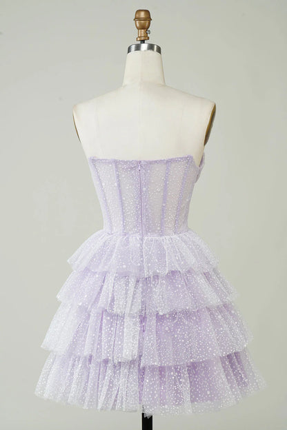 Sparkly Purple Corset Tiered Cute Homecoing Dress Strapless Party Dress