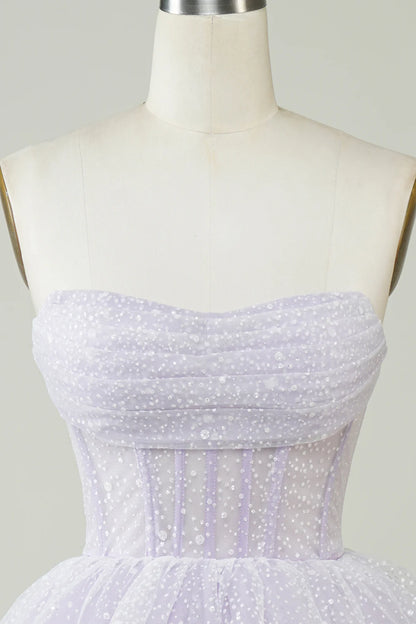 Sparkly Purple Corset Tiered Cute Homecoing Dress Strapless Party Dress