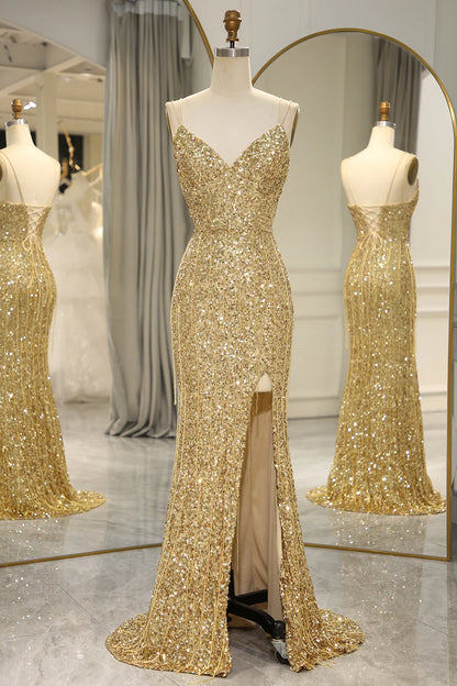 Sparkly Sequin Spaghetti Straps Long Gold Prom Dress with Fringe And Split