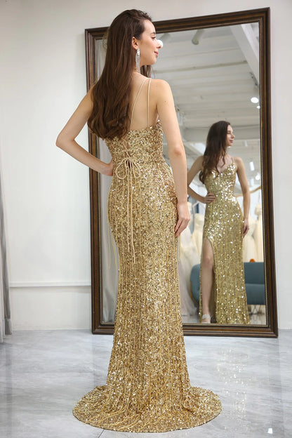 Sparkly Sequin Spaghetti Straps Long Gold Prom Dress with Fringe And Split