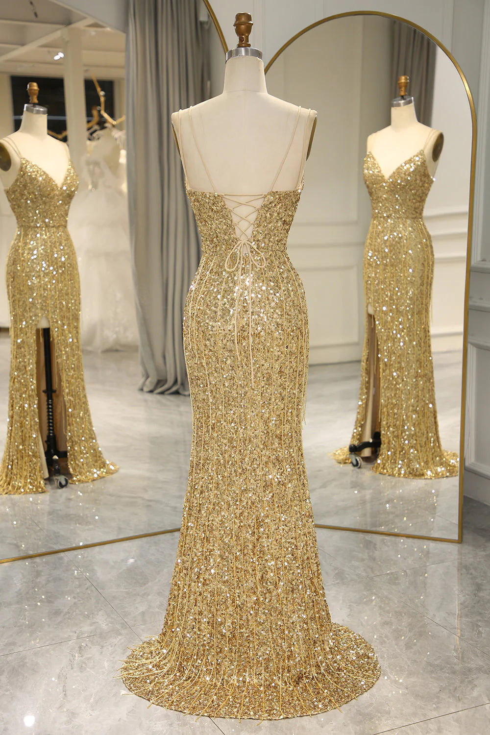 Sparkly Sequin Spaghetti Straps Long Gold Prom Dress with Fringe And Split