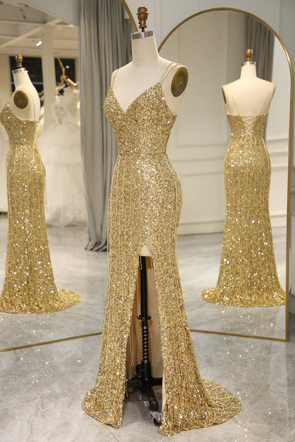 Sparkly Sequin Spaghetti Straps Long Gold Prom Dress with Fringe And Split