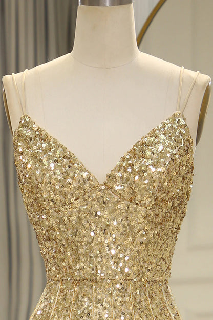 Sparkly Sequin Spaghetti Straps Long Gold Prom Dress with Fringe And Split