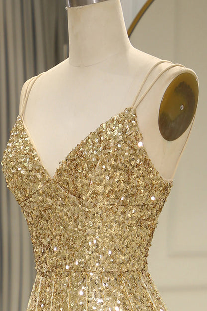 Sparkly Sequin Spaghetti Straps Long Gold Prom Dress with Fringe And Split