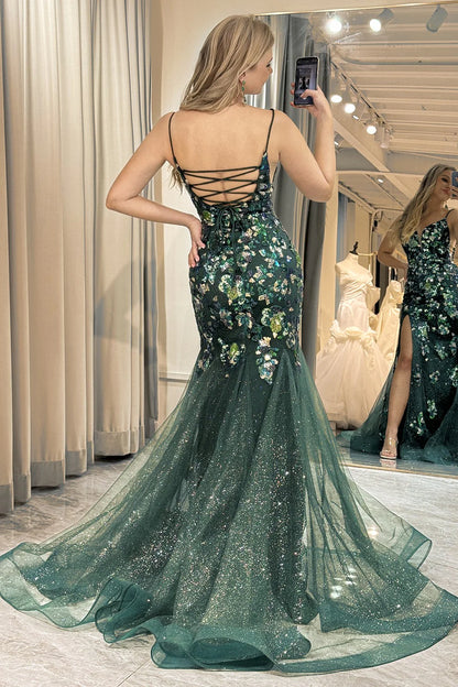 Sparkly Dark Green Mermaid Spaghetti Straps Lace Up Prom Dress With Split