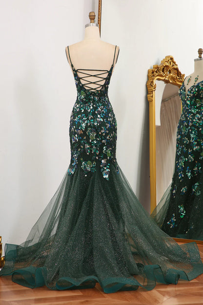 Sparkly Dark Green Mermaid Spaghetti Straps Lace Up Prom Dress With Split