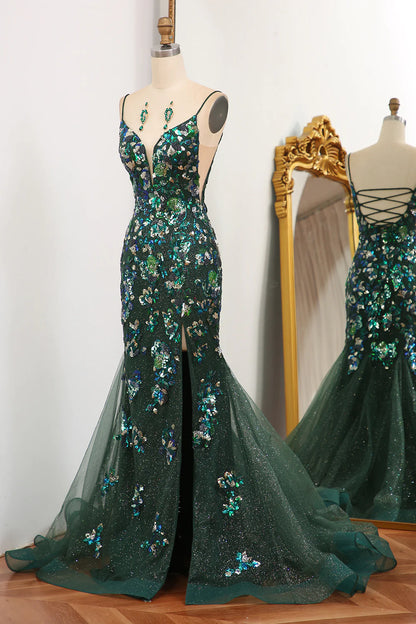 Sparkly Dark Green Mermaid Spaghetti Straps Lace Up Prom Dress With Split