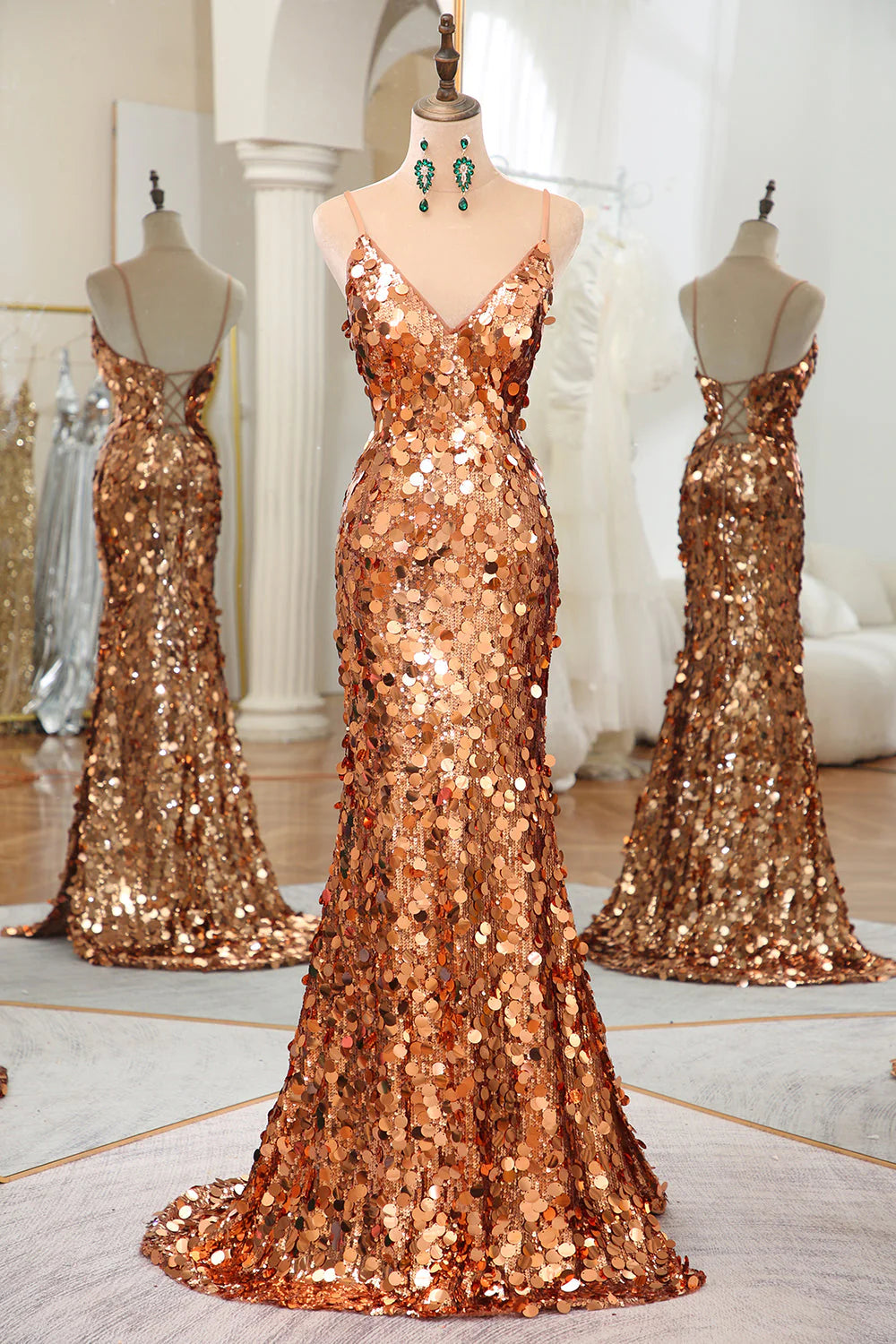 Sparkly Rose Golden Mermaid Spaghetti Straps Long Sequin Prom Dress With Split