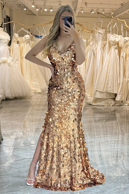 Sparkly Rose Golden Mermaid Spaghetti Straps Long Sequin Prom Dress With Split