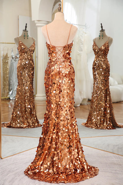 Sparkly Rose Golden Mermaid Spaghetti Straps Long Sequin Prom Dress With Split