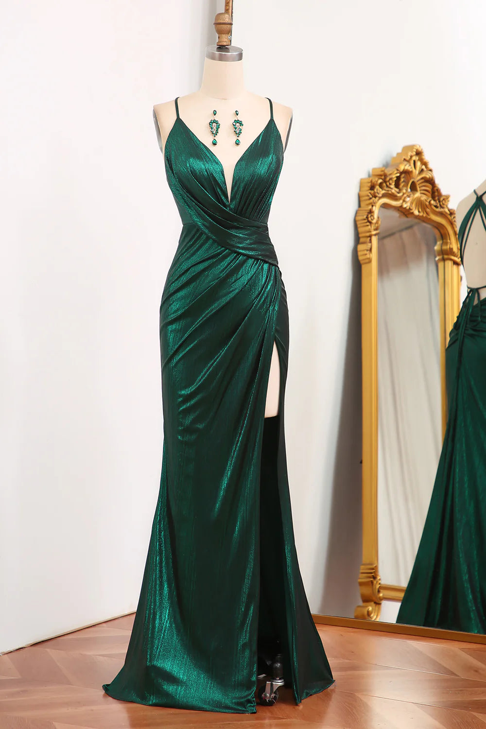 Dark Green Mermaid Spaghetti Straps Keyhole Long Prom Dress With Slit