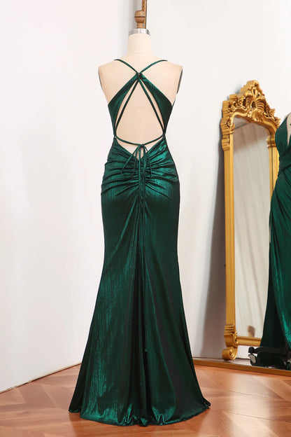 Dark Green Mermaid Spaghetti Straps Keyhole Long Prom Dress With Slit