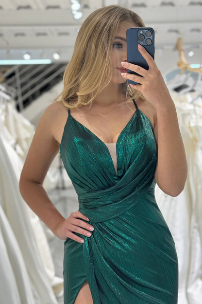 Dark Green Mermaid Spaghetti Straps Keyhole Long Prom Dress With Slit