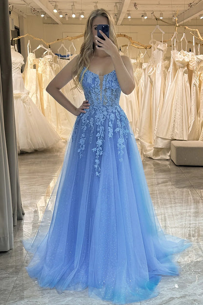 Blue A-Line Spaghetti Straps Tulle Long Prom Dress With Appliques