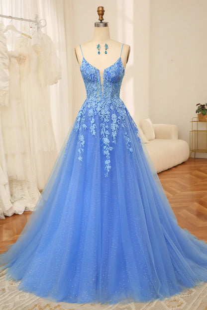 A-Line Spaghetti Straps Zipper Back Long Tulle Prom Dress With Appliques