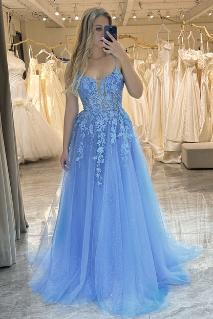 Blue A-Line Spaghetti Straps Tulle Long Prom Dress With Appliques