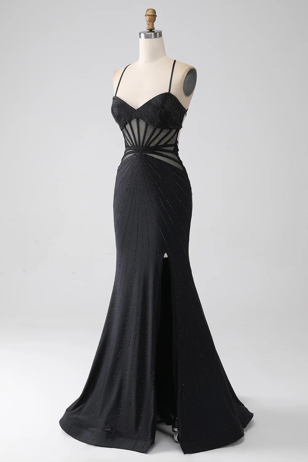 Mermaid Black Spaghetti Straps Long Prom Dress with Slit