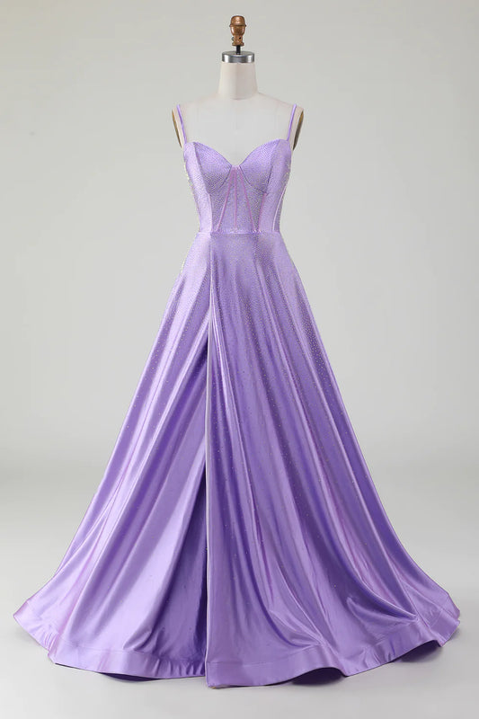 Simple Sparkly Lilac A-Line Side Slit Corset Prom Dresses with Rhinestones