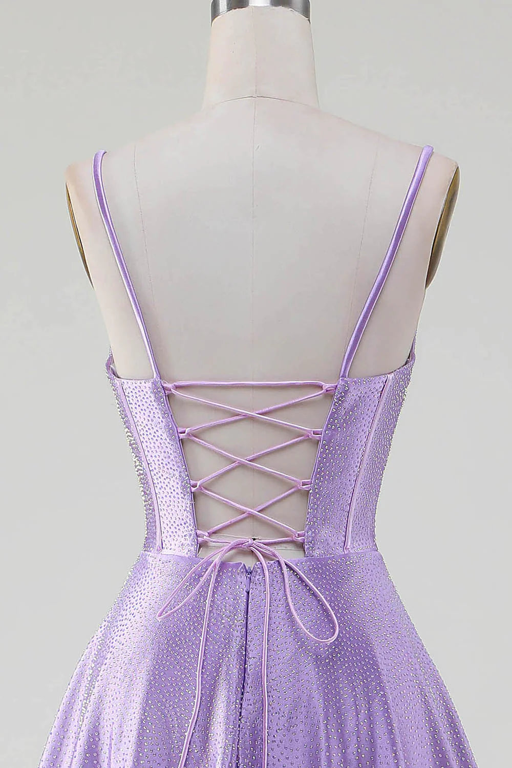 Simple Sparkly Lilac A-Line Side Slit Corset Prom Dresses with Rhinestones