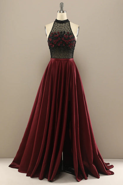 Dark Green Long Beaded Prom Dress With Flowers Halter Floor-length Dress