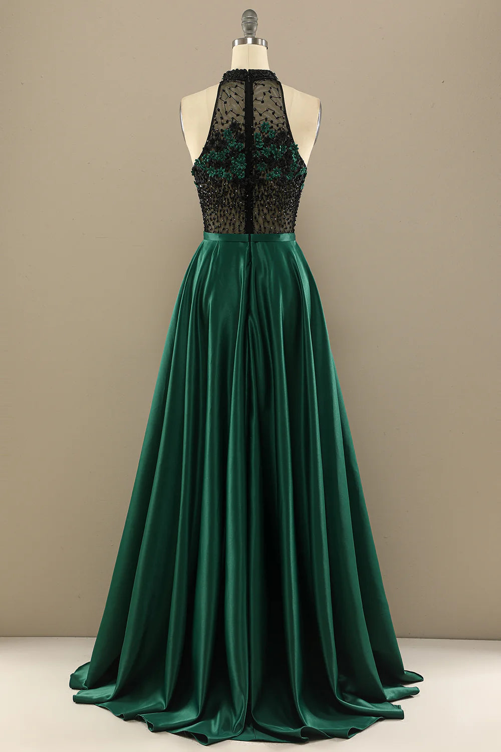 Dark Green Long Beaded Prom Dress With Flowers Halter Floor-length Dress