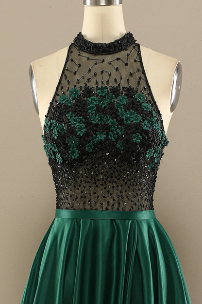 Dark Green Long Beaded Prom Dress With Flowers Halter Floor-length Dress