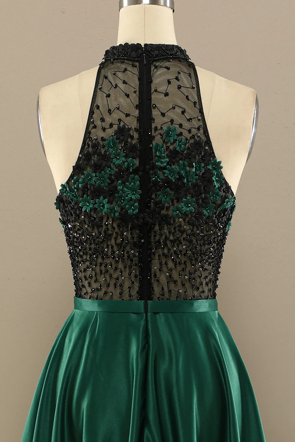 Dark Green Long Beaded Prom Dress With Flowers Halter Floor-length Dress