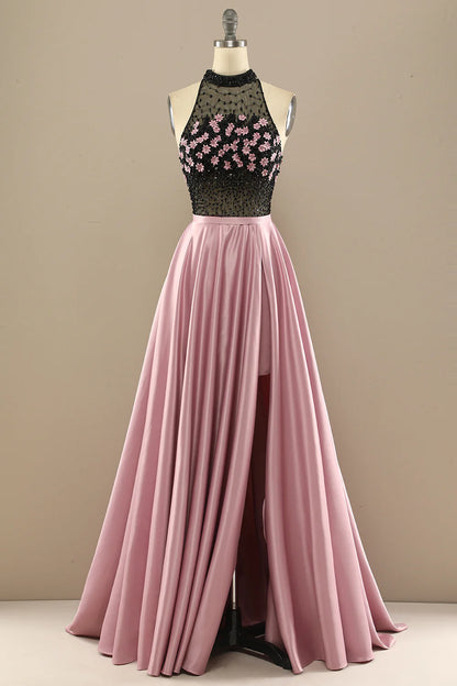 Dark Green Long Beaded Prom Dress With Flowers Halter Floor-length Dress