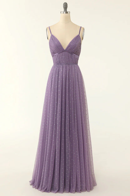 A Line Long Bridesmaid Dress with Ruffles V-Neck Tulle Wedding Guest Party Dress