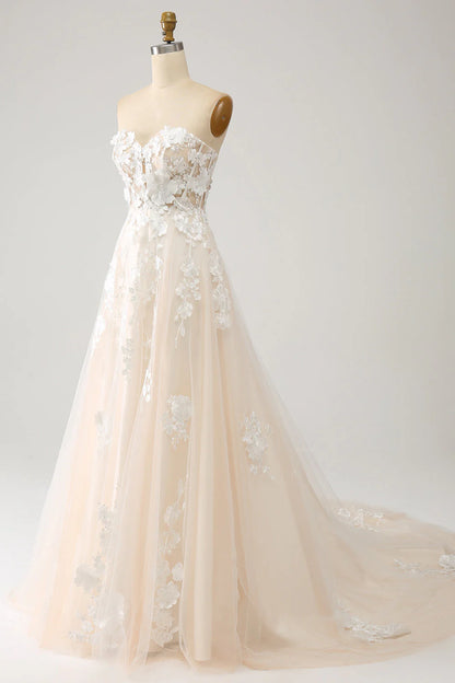 A Line Sweetheart Long Corset Wedding Dress With Appliques