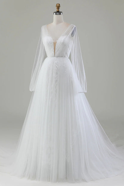 Ivory A-Line V-Neck Pleated Tulle Wedding Dress With Long Sleeves