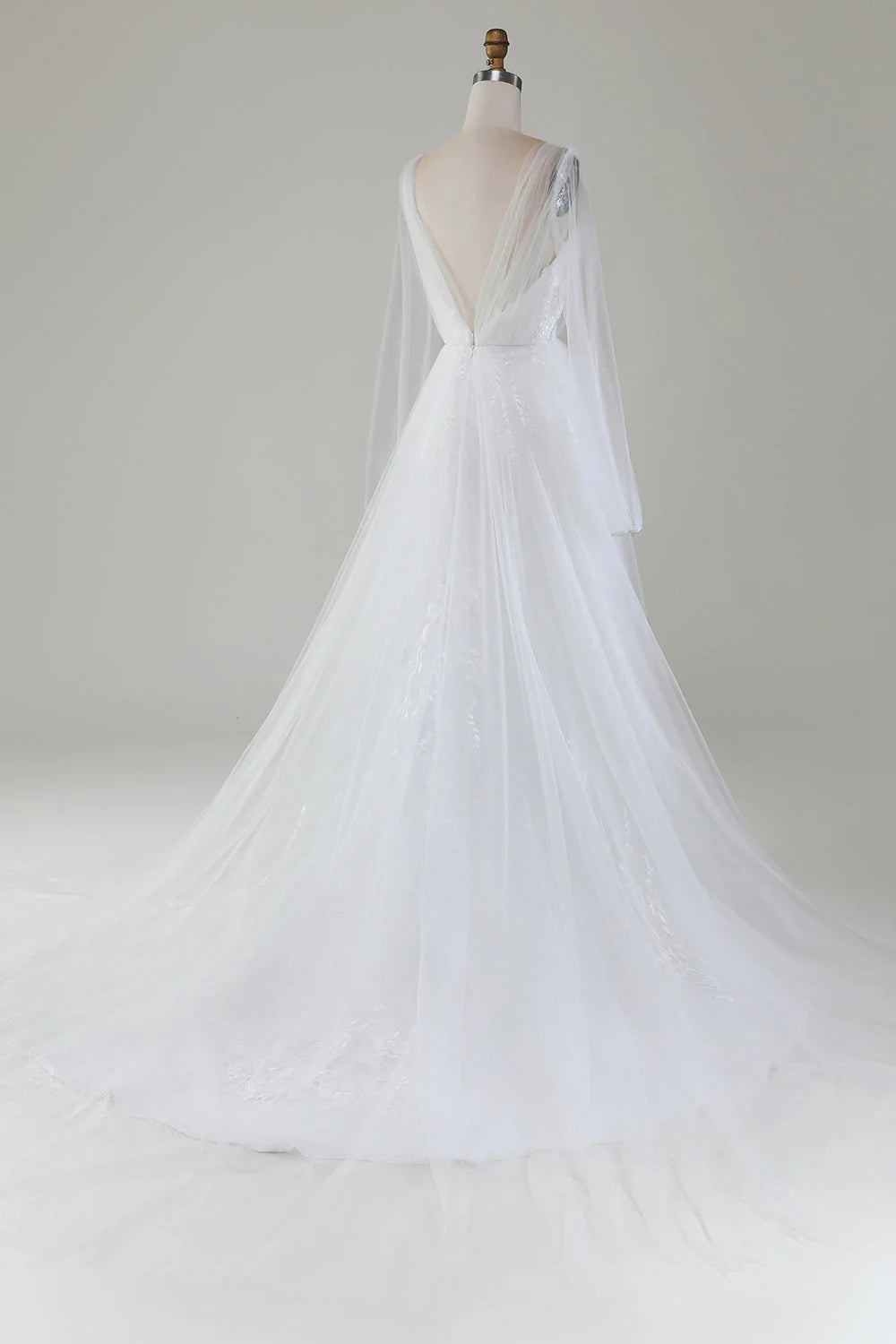 Ivory A-Line V-Neck Pleated Tulle Wedding Dress With Long Sleeves