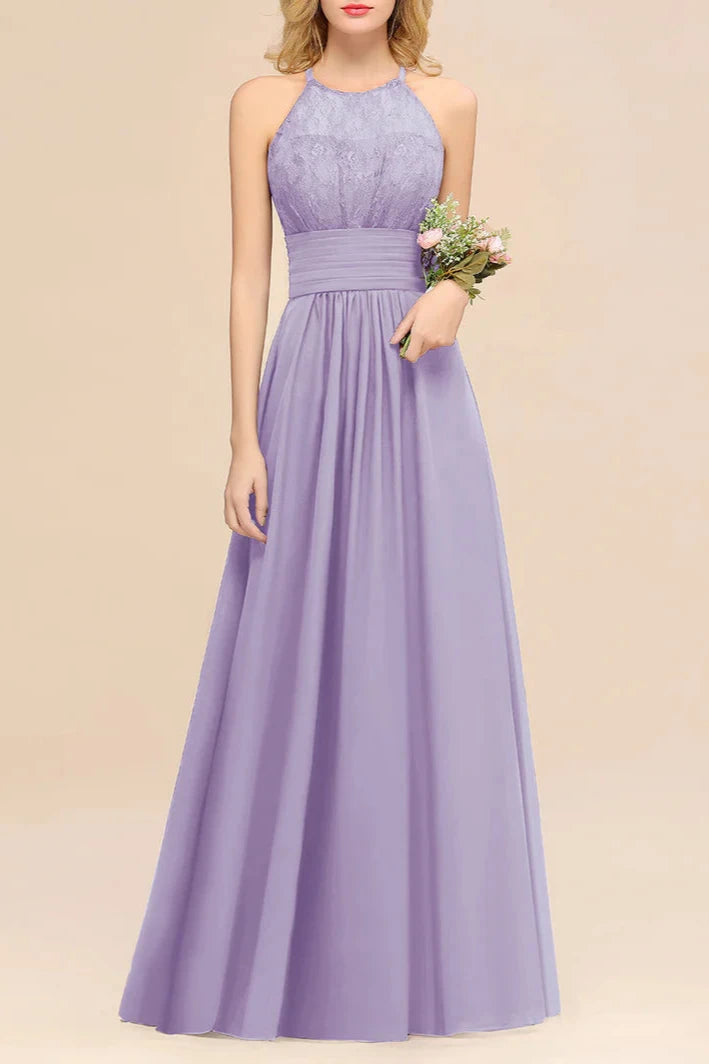 A-Line Halter Ruffles Sleeveless Lace Floor-Length Bridesmaid Dresses