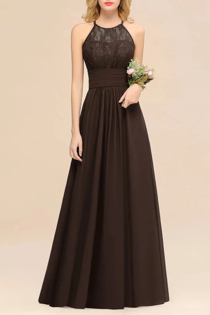 A-Line Halter Ruffles Sleeveless Lace Floor-Length Bridesmaid Dresses