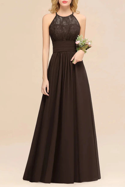 A-Line Halter Ruffles Sleeveless Lace Floor-Length Bridesmaid Dresses