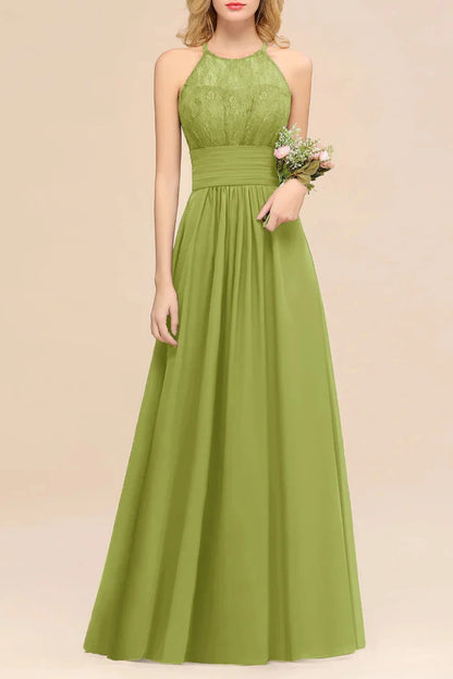 A-Line Halter Ruffles Sleeveless Lace Floor-Length Bridesmaid Dresses