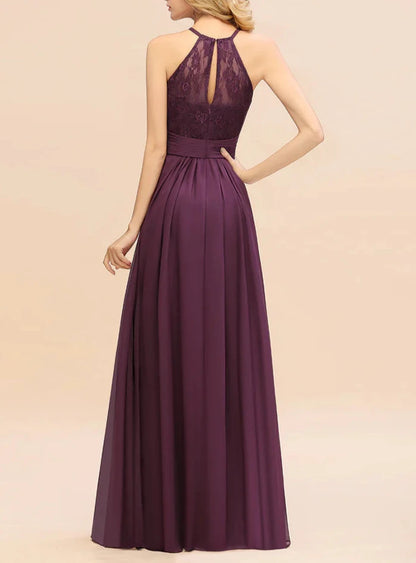 A-Line Halter Ruffles Sleeveless Lace Floor-Length Bridesmaid Dresses