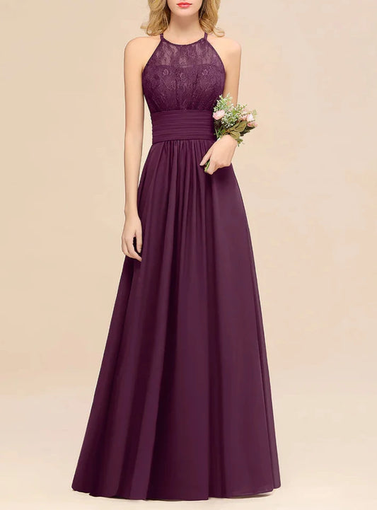 A-Line Halter Ruffles Sleeveless Lace Floor-Length Bridesmaid Dresses