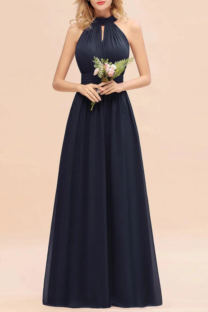 A-line High-Neck Halter Ruffle Chiffon Floor-Length Dress Bridesmaid Dresses