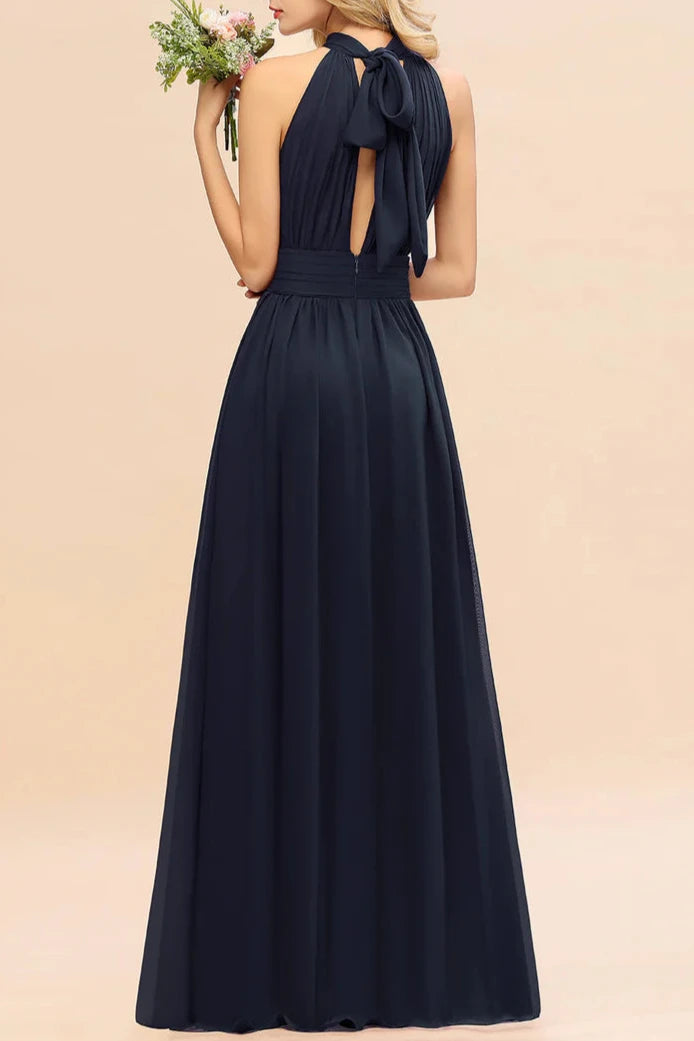 A-line High-Neck Halter Ruffle Chiffon Floor-Length Dress Bridesmaid Dresses